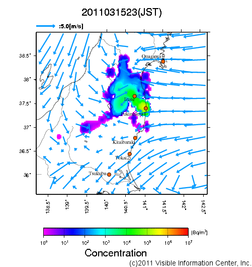 大気中濃度分布[Bq/m3]　2011031523