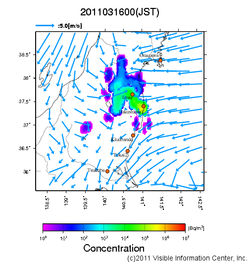 大気中濃度分布[Bq/m3]　2011031600