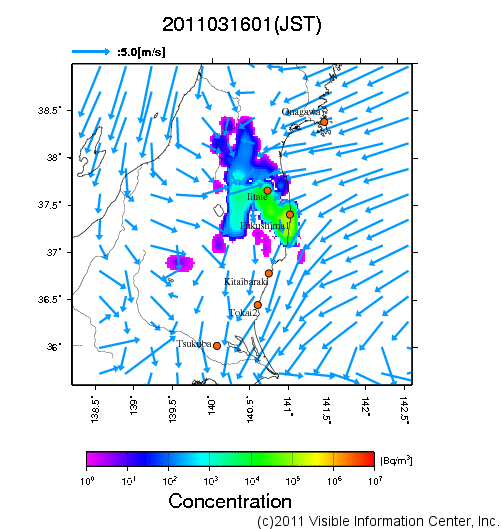 大気中濃度分布[Bq/m3]　2011031601