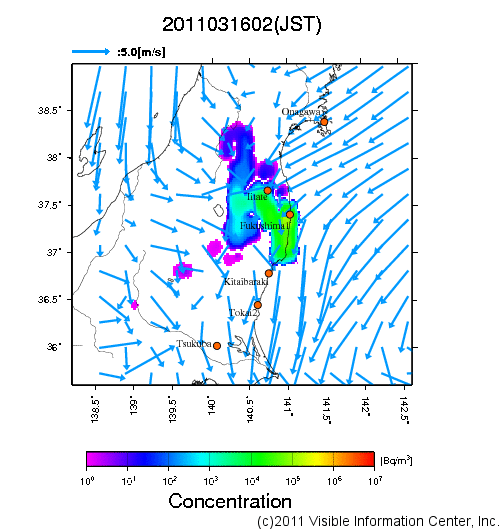 大気中濃度分布[Bq/m3]　2011031602