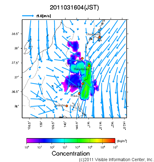 大気中濃度分布[Bq/m3]　2011031604