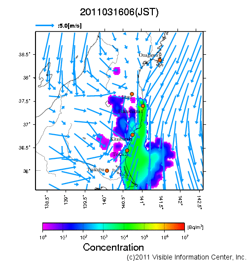 大気中濃度分布[Bq/m3]　2011031606