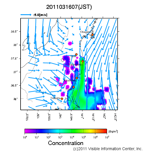 大気中濃度分布[Bq/m3]　2011031607