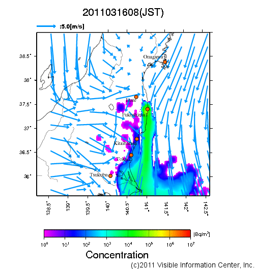 大気中濃度分布[Bq/m3]　2011031608