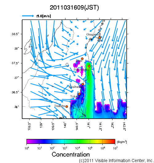 大気中濃度分布[Bq/m3]　2011031609