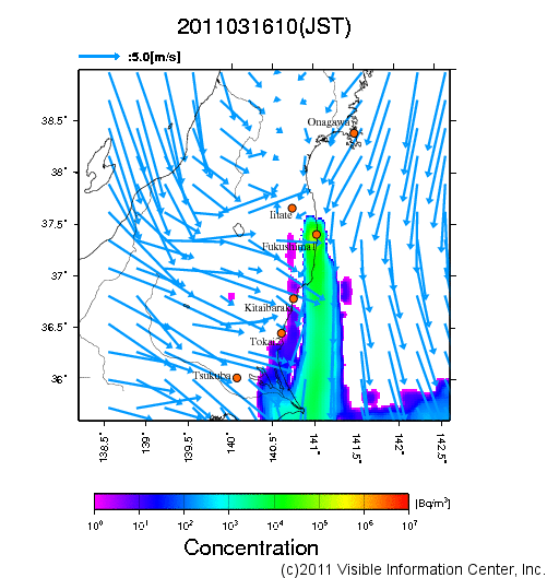 大気中濃度分布[Bq/m3]　2011031610