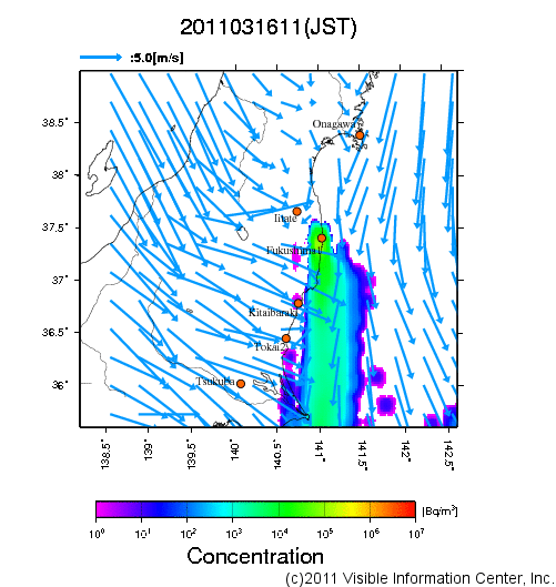 地表付近 大気中濃度分布[Bq/m3]　2011-03-16 11時