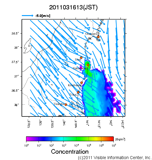 地表付近 大気中濃度分布[Bq/m3]　2011-03-16 13時