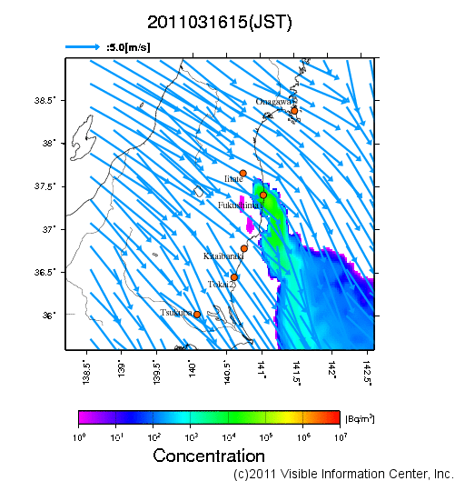 大気中濃度分布[Bq/m3]　2011031615