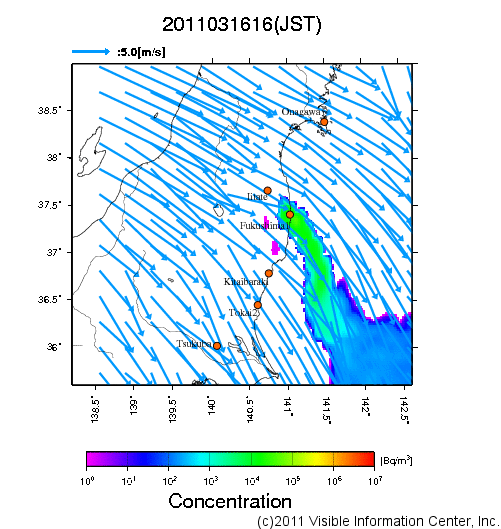 地表付近 大気中濃度分布[Bq/m3]　2011-03-16 16時