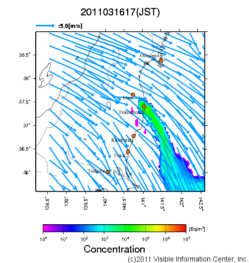 地表付近 大気中濃度分布[Bq/m3]　2011-03-16 17時