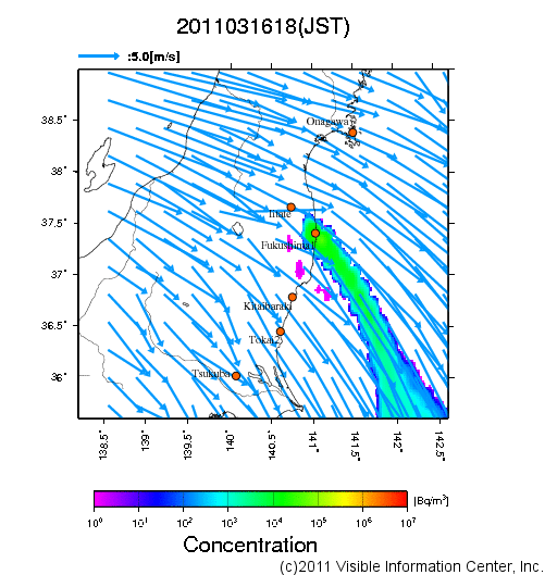 地表付近 大気中濃度分布[Bq/m3]　2011-03-16 18時