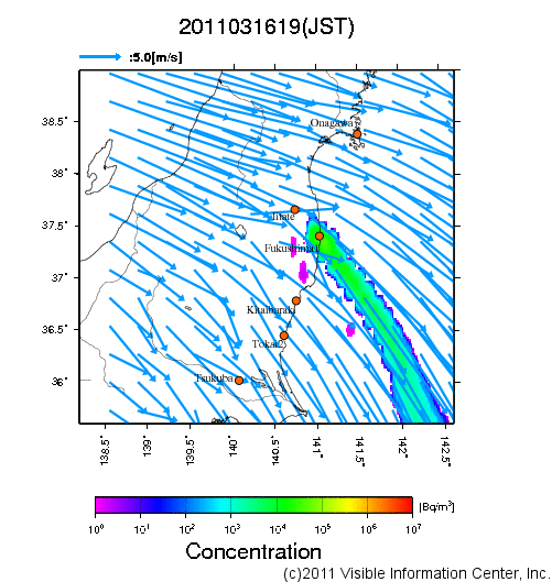 大気中濃度分布[Bq/m3]　2011031619