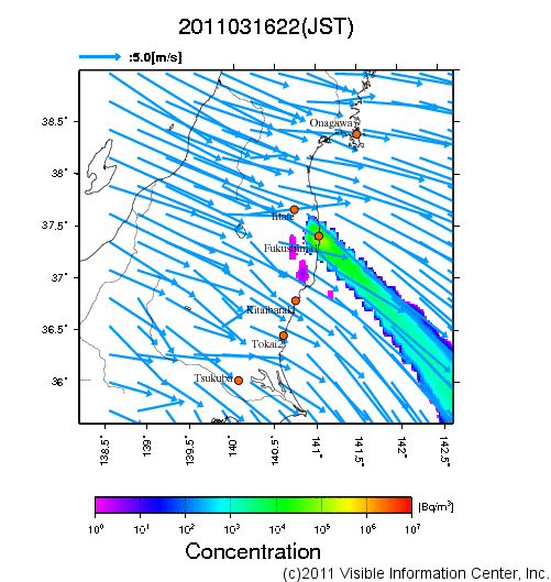 地表付近 大気中濃度分布[Bq/m3]　2011-03-16 22時