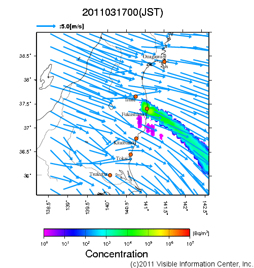 大気中濃度分布[Bq/m3]　2011031700