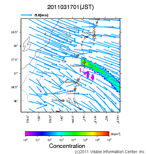 地表付近 大気中濃度分布[Bq/m3]　2011-03-17 01時