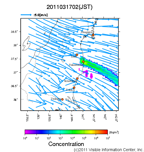 地表付近 大気中濃度分布[Bq/m3]　2011-03-17 02時