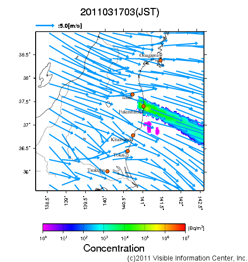 地表付近 大気中濃度分布[Bq/m3]　2011-03-17 03時