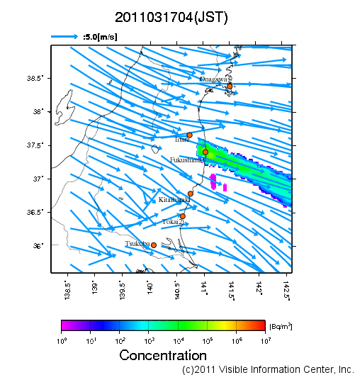 地表付近 大気中濃度分布[Bq/m3]　2011-03-17 04時