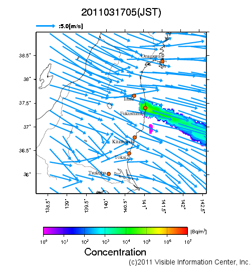 大気中濃度分布[Bq/m3]　2011031705