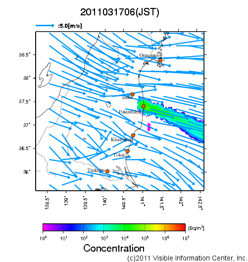 大気中濃度分布[Bq/m3]　2011031706