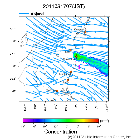 大気中濃度分布[Bq/m3]　2011031707