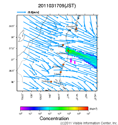 大気中濃度分布[Bq/m3]　2011031709