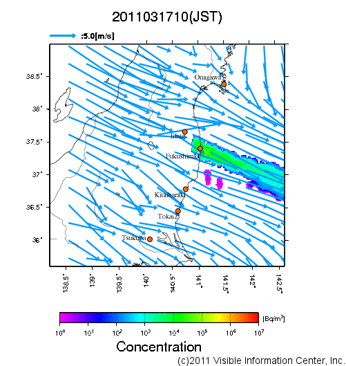 地表付近 大気中濃度分布[Bq/m3]　2011-03-17 10時