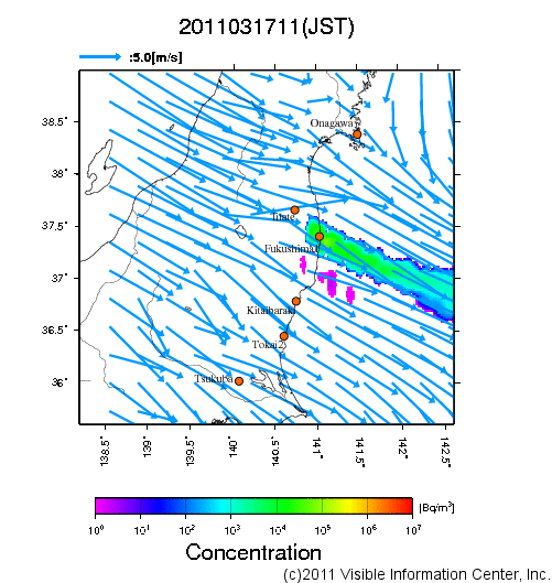 地表付近 大気中濃度分布[Bq/m3]　2011-03-17 11時