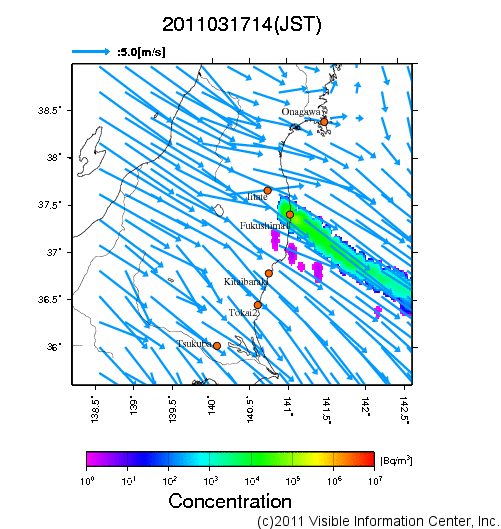 大気中濃度分布[Bq/m3]　2011031714