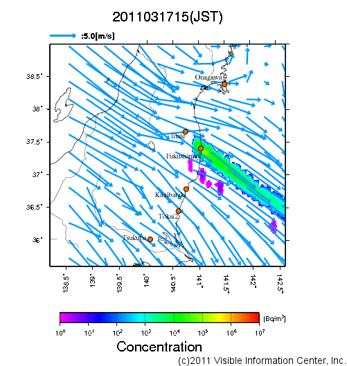 地表付近 大気中濃度分布[Bq/m3]　2011-03-17 15時