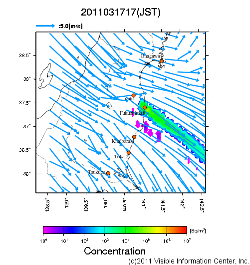 大気中濃度分布[Bq/m3]　2011031717