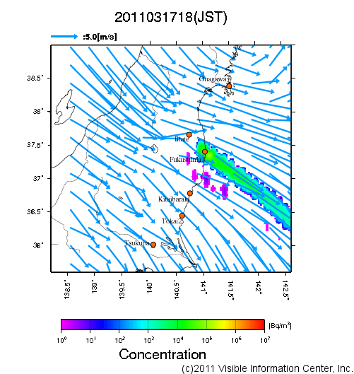 大気中濃度分布[Bq/m3]　2011031718