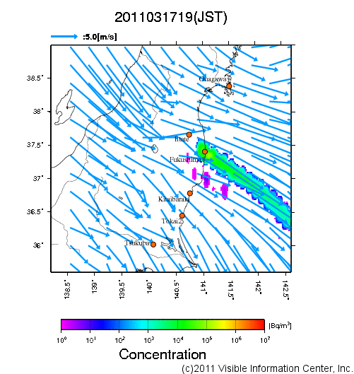 地表付近 大気中濃度分布[Bq/m3]　2011-03-17 19時