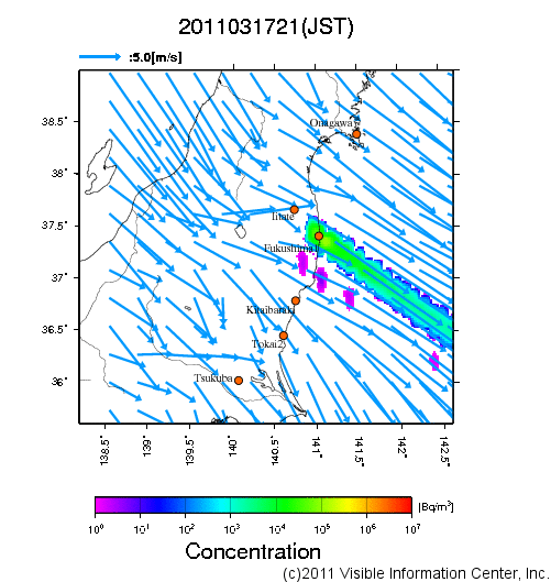 大気中濃度分布[Bq/m3]　2011031721