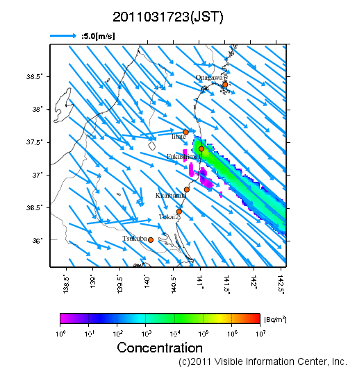 大気中濃度分布[Bq/m3]　2011031723