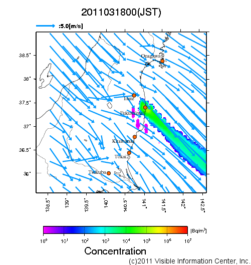 地表付近 大気中濃度分布[Bq/m3]　2011-03-18 00時