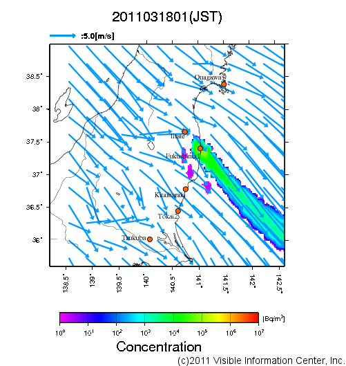 地表付近 大気中濃度分布[Bq/m3]　2011-03-18 01時