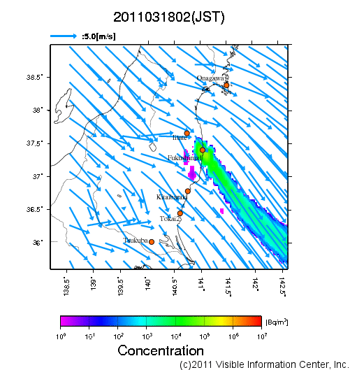 地表付近 大気中濃度分布[Bq/m3]　2011-03-18 02時