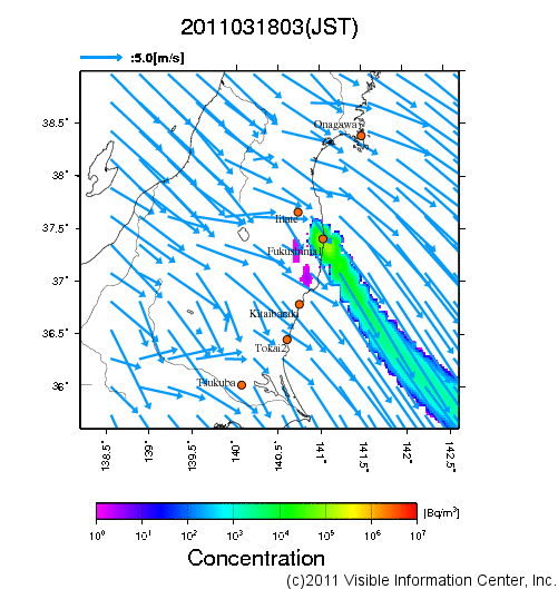 大気中濃度分布[Bq/m3]　2011031803