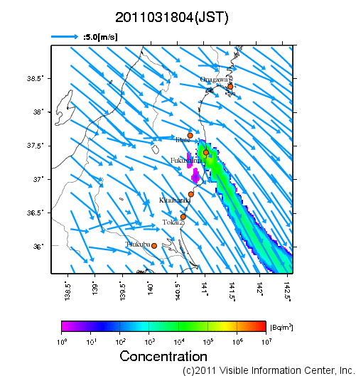大気中濃度分布[Bq/m3]　2011031804