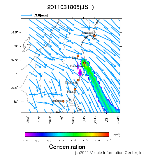大気中濃度分布[Bq/m3]　2011031805
