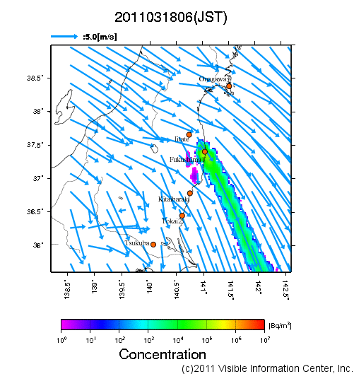 地表付近 大気中濃度分布[Bq/m3]　2011-03-18 06時