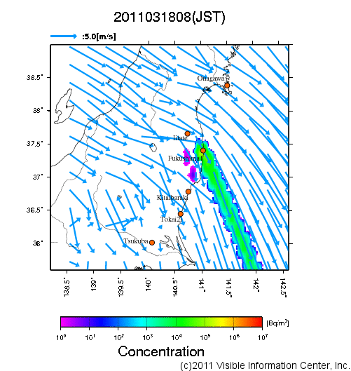 地表付近 大気中濃度分布[Bq/m3]　2011-03-18 08時