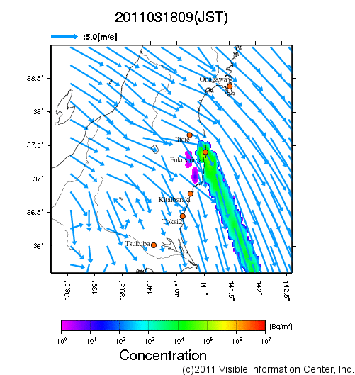 大気中濃度分布[Bq/m3]　2011031809