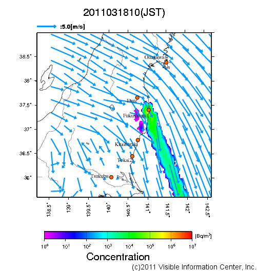 地表付近 大気中濃度分布[Bq/m3]　2011-03-18 10時