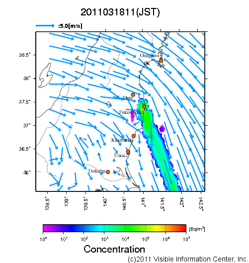 地表付近 大気中濃度分布[Bq/m3]　2011-03-18 11時