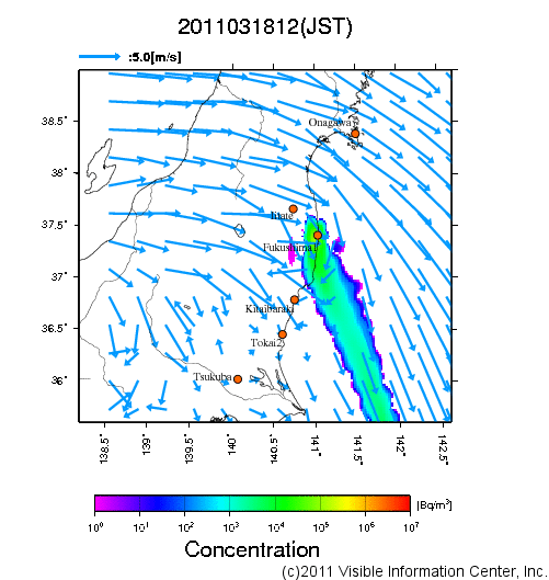 大気中濃度分布[Bq/m3]　2011031812