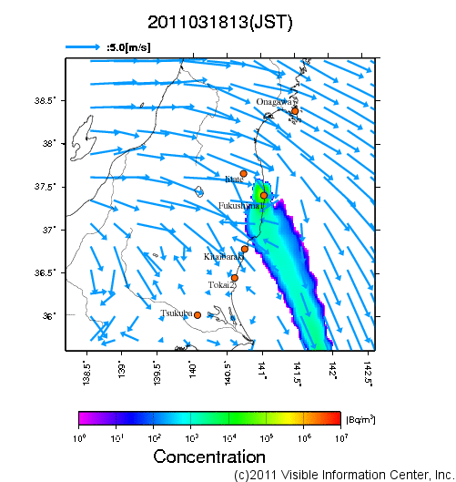 地表付近 大気中濃度分布[Bq/m3]　2011-03-18 13時