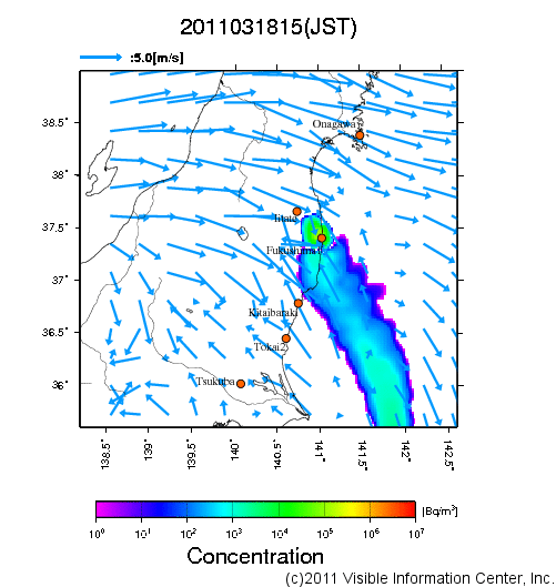 大気中濃度分布[Bq/m3]　2011031815